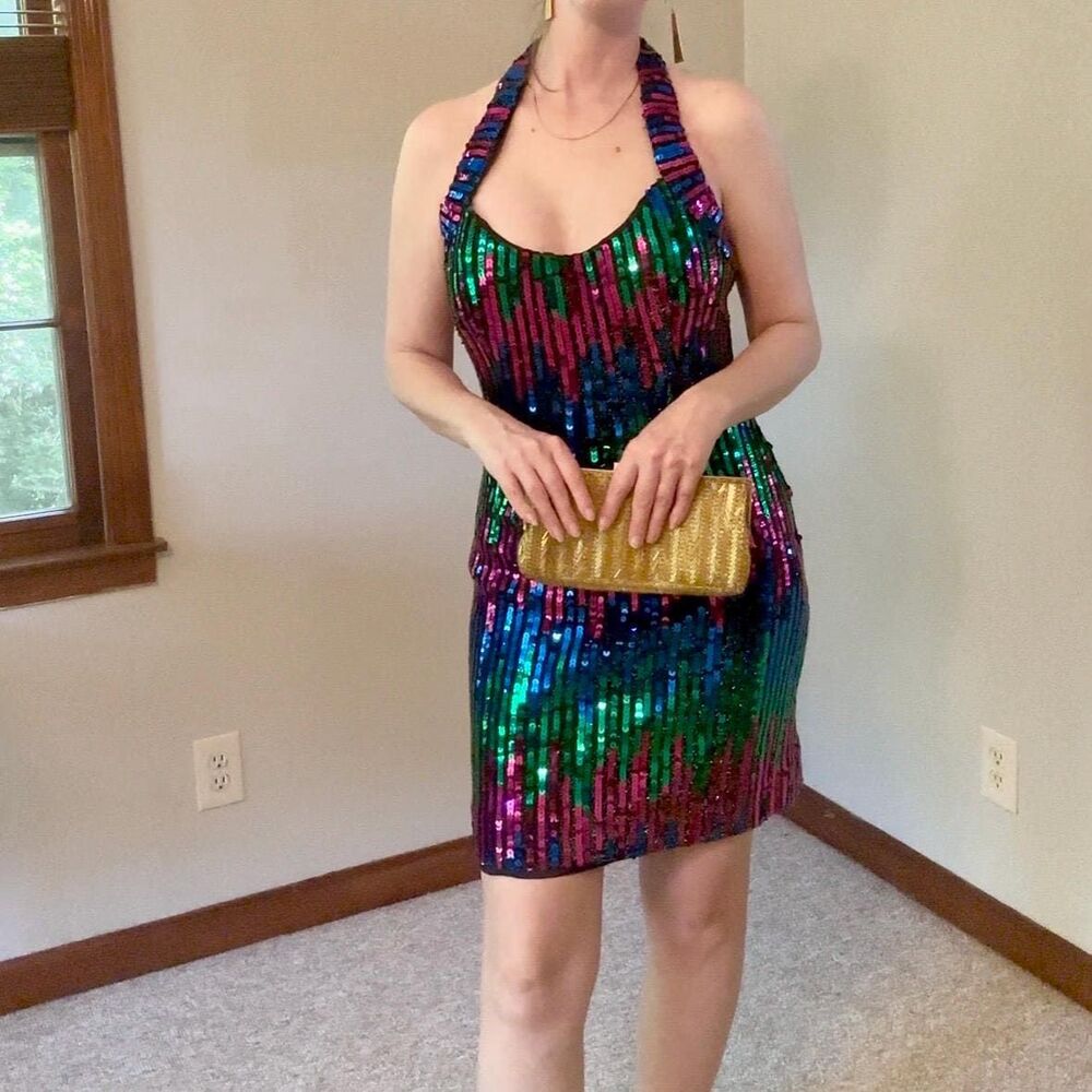 Vintage 80s Alyce Designs Rainbow Sequin Disco Nightclub Dress Size Small
